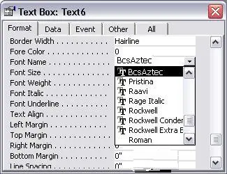 Access properties control font text box typography layout settings window step view