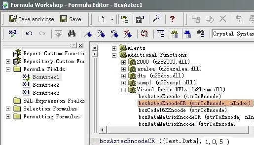 aztec-code barcode Crystal reports UFL selection
