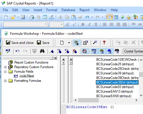 code39-extended barcode Crystal reports UFL selection