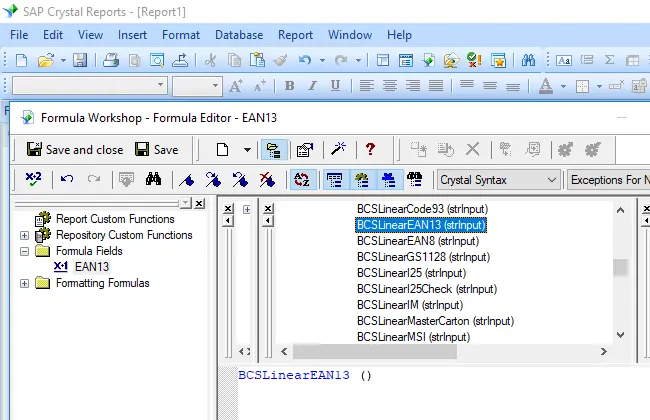 Upc-a barcode Crystal reports UFL selection