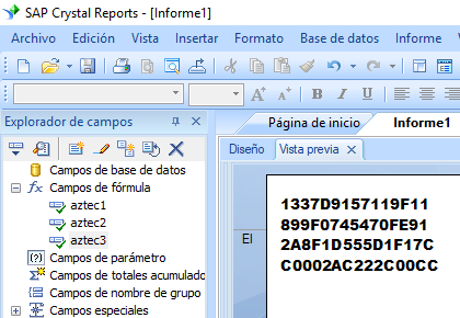 Aztec Code crystal reports fórmula campo