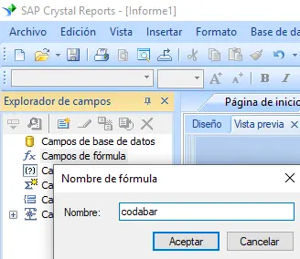 Codabar código de barras crear fórmula crystal reports