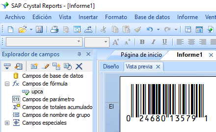 UPCA código de barras crystal reports