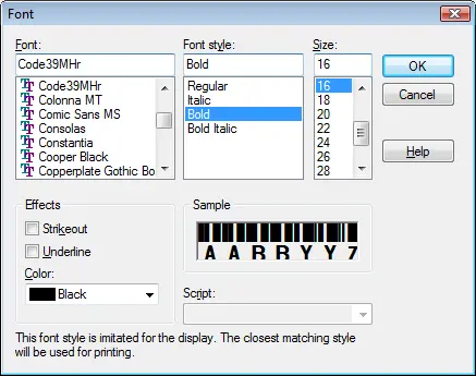 visual foxpro Police codes à barres