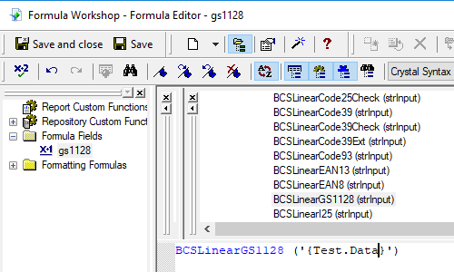 GS1128 barcode crystal reports formula field