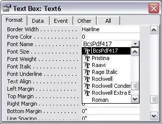 Access properties control font text box typography layout settings window step view